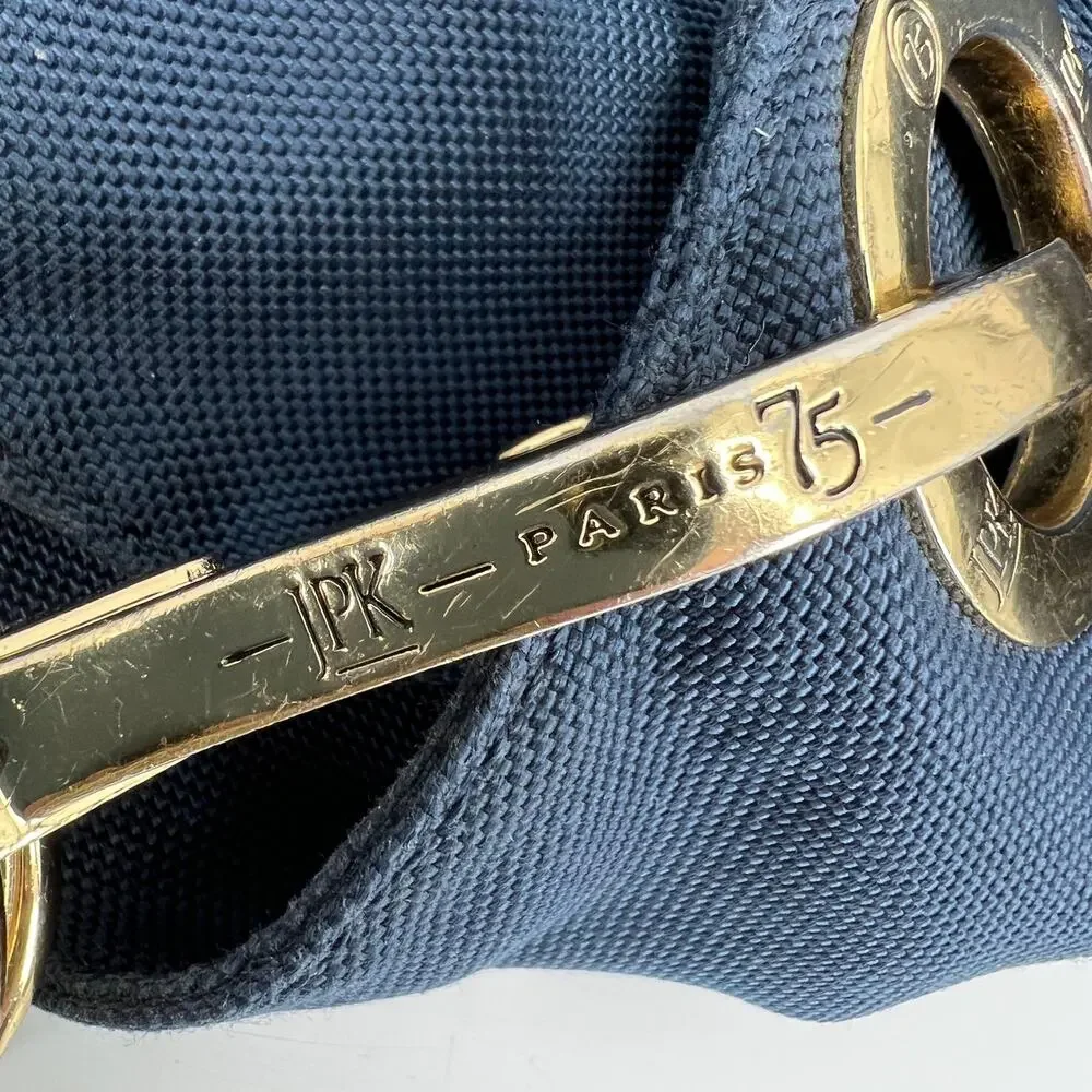 JPK Paris 75 Hobo Bucket Shoulder Bag Navy Blue Canvas Leather Strap Gold Buckle
